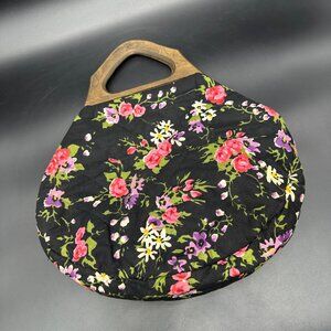 Vintage Purse Carpetbags Of America Floral Handbag Wooden Handles Black Pink